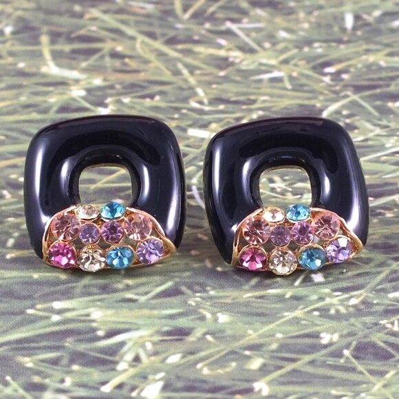 Black Square Earrings With Colorful Crystals - Picture 3 of 9